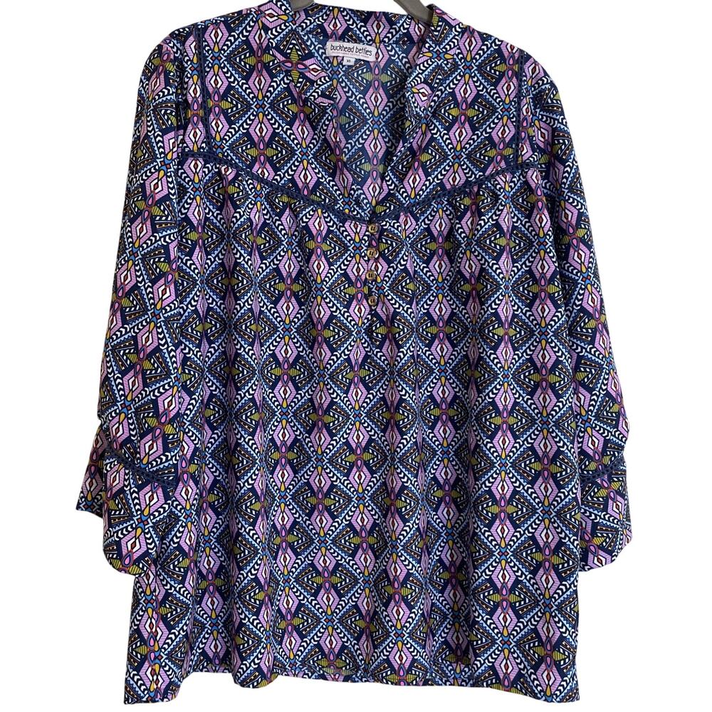 buckhead betties Women’s Top - XL - Colorful Geometric Pattern & Crochet Detail